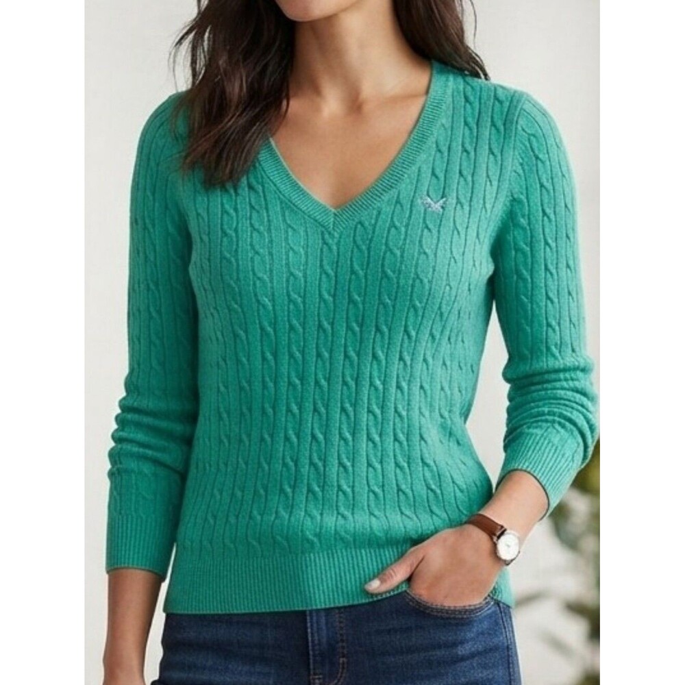 Green Cable Knit Sweater Cotton- Cashmere Crew Clothing Co V-Neck Size 12 Preppy